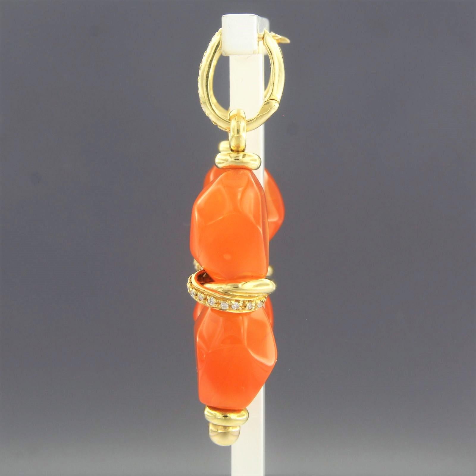 Modern Earrings with carnelian and brilliant cut diamonds 14.4 grams 18k gold For Sale
