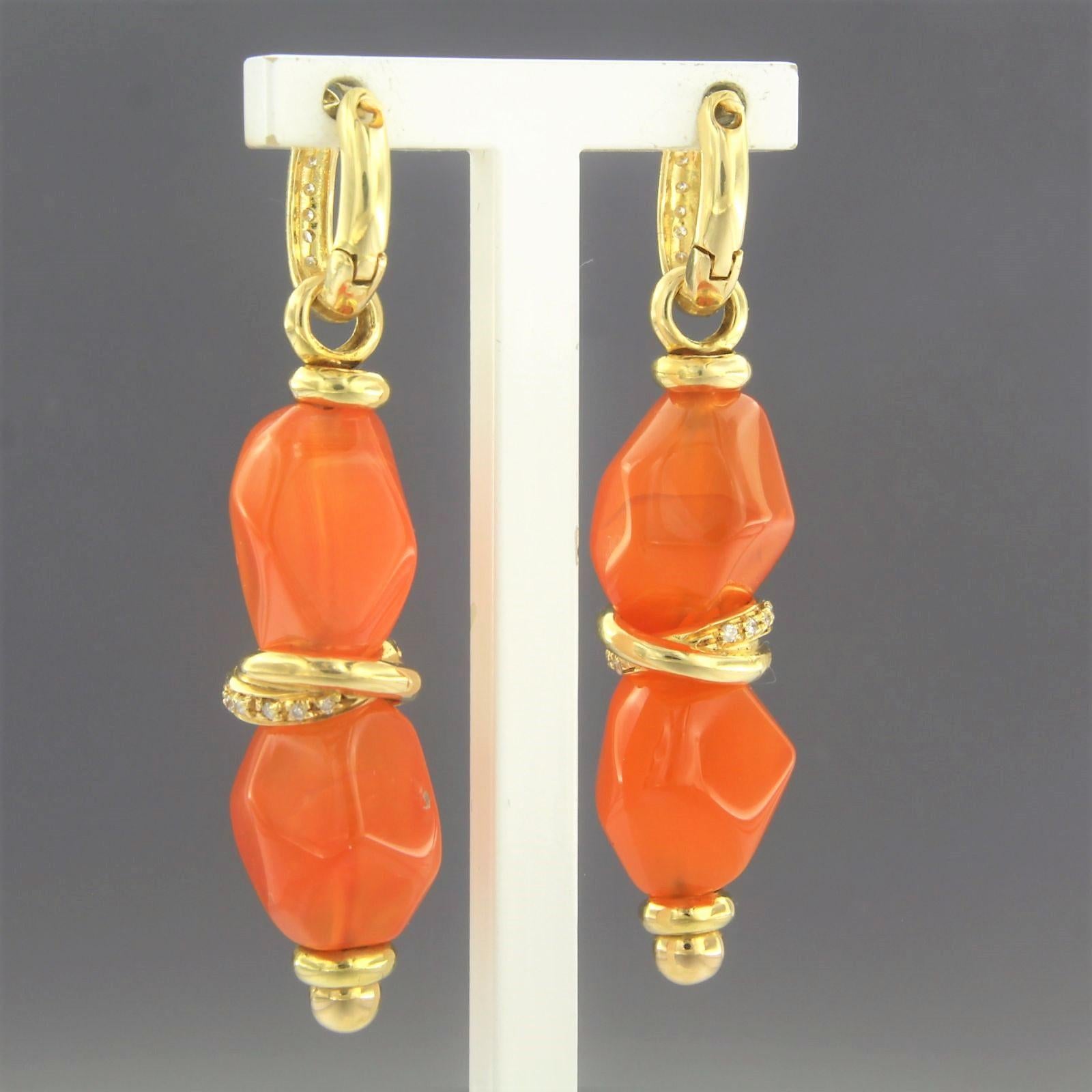 Brilliant Cut Earrings with carnelian and brilliant cut diamonds 14.4 grams 18k gold For Sale