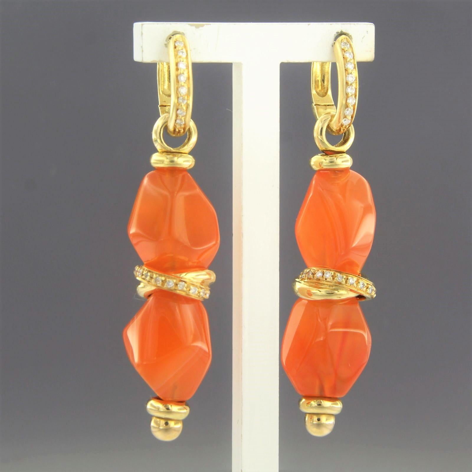 Women's Earrings with carnelian and brilliant cut diamonds 14.4 grams 18k gold For Sale