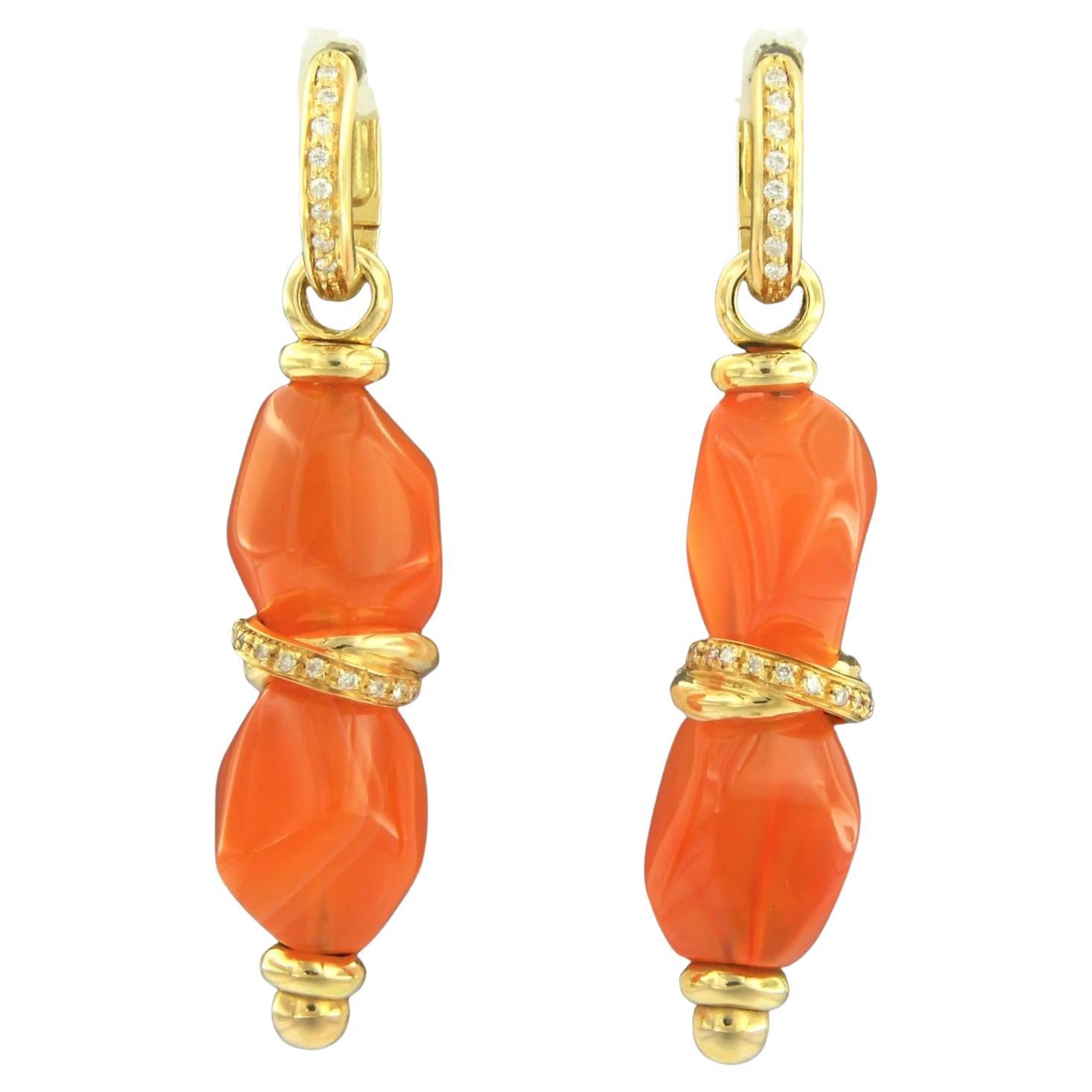 Earrings with carnelian and brilliant cut diamonds 14.4 grams 18k gold For Sale