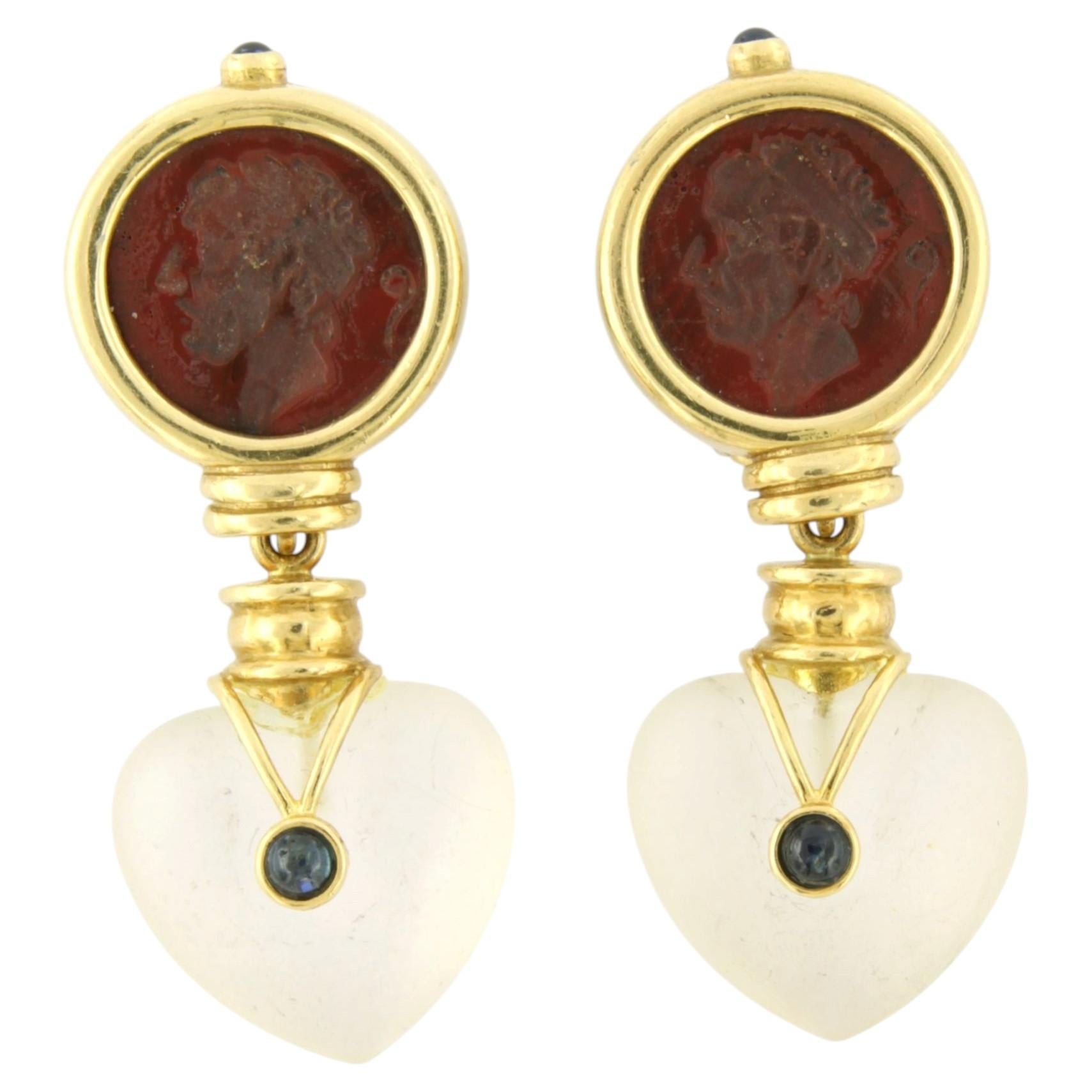 Earrings with carnelian, sapphire and rock crystal 18k gold 22.8 grams For Sale