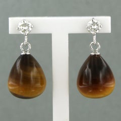 Earrings with Cat's Eye and brilliant cut diamond up to 0.40ct 18k gold 6.0 gram