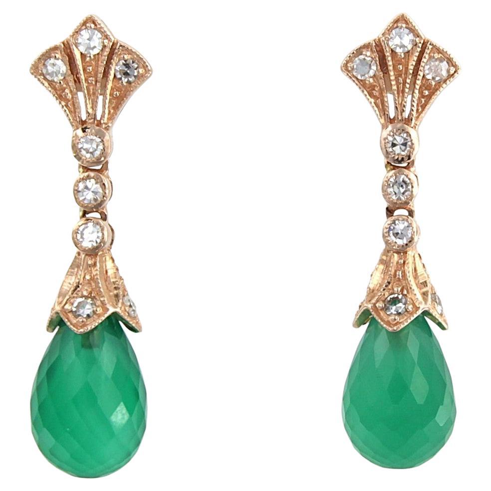 Earrings with chalcedony and single cut diamonds up to0.45ct 14k gold 6.0 grams