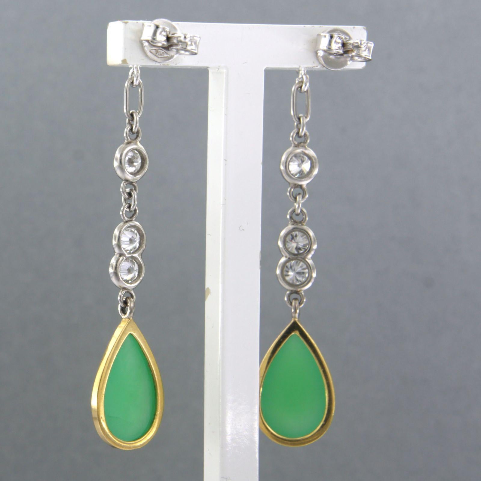 Brilliant Cut Earrings with chrysophrase and brilliant cut diamonds up to 1.32ct 18k gold For Sale
