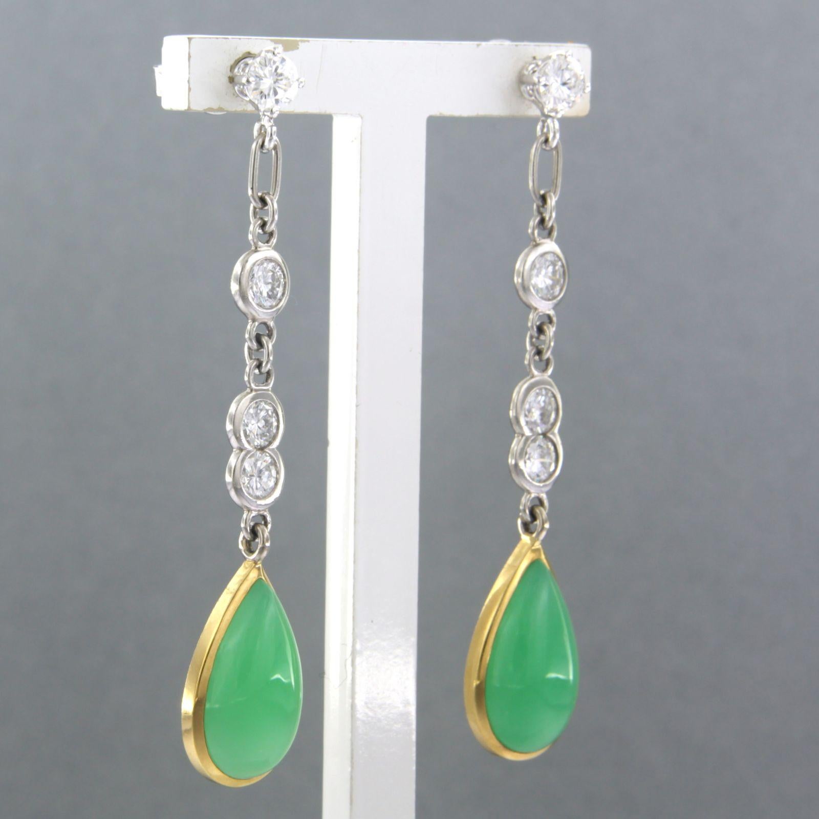 Women's Earrings with chrysophrase and brilliant cut diamonds up to 1.32ct 18k gold For Sale