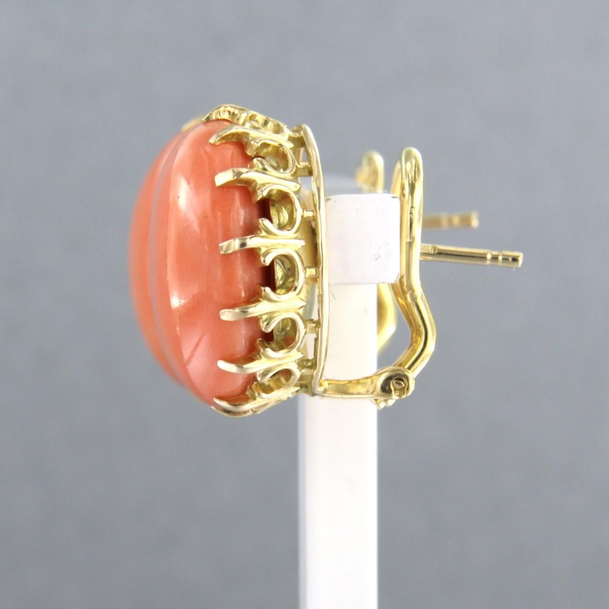 Cabochon Earrings with coral 10.9 grams 14k yellow gold For Sale