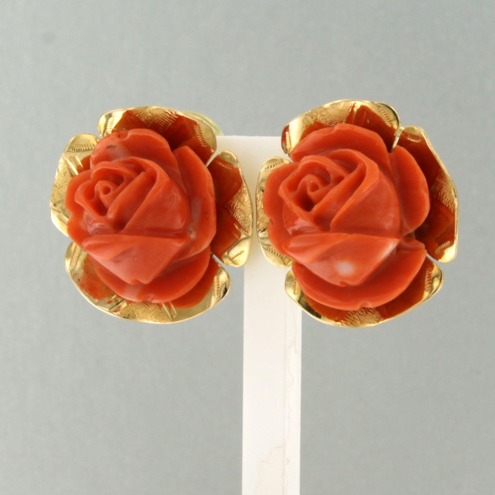 Boucles d'oreilles avec corail - 7,6 grammes d'or jaune 14k Pour femmes en vente