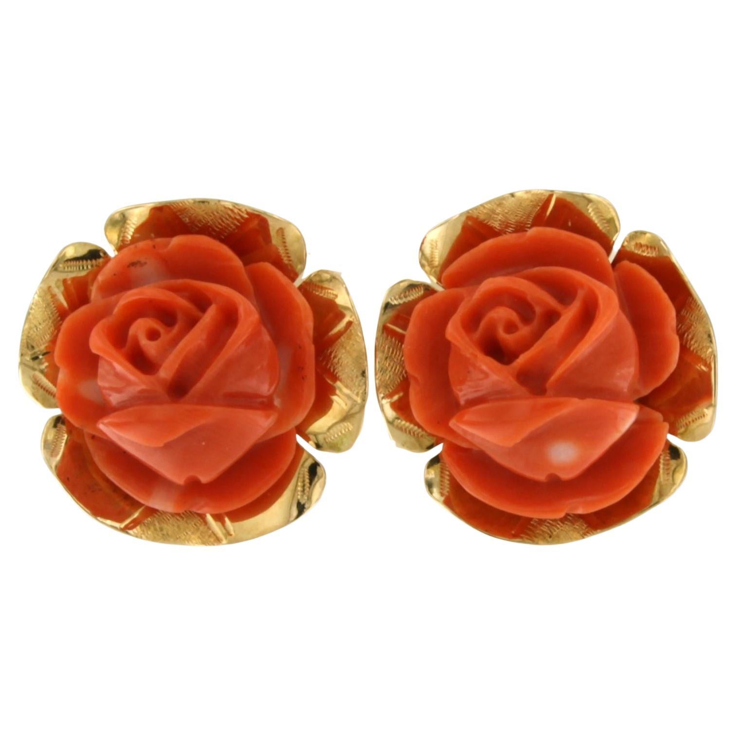 Boucles d'oreilles avec corail - 7,6 grammes d'or jaune 14k