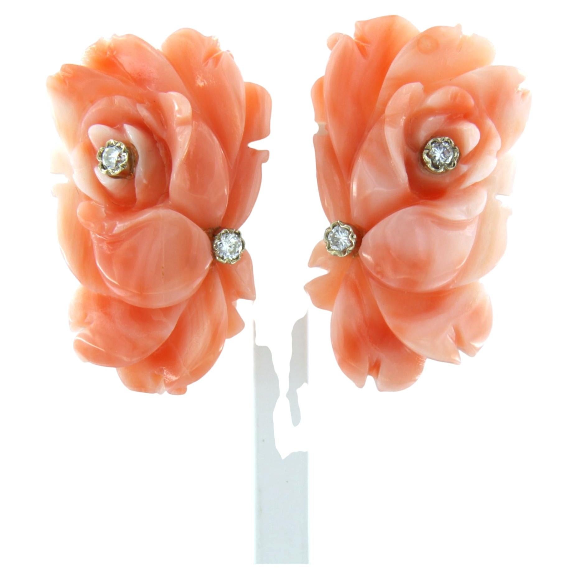 Earrings with coral and brillaint cut diamonds up to 0.20ct 14k gold 9.6 grams
