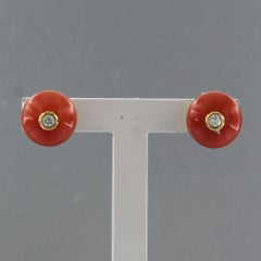 Boucles d'oreilles avec corail et diamants taille brillant jusqu'à 0,03ct Or 18k 3,3 grammes