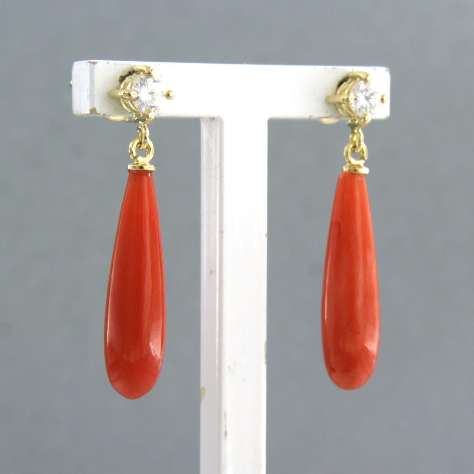 Modern Earrings with Corallium Rubrum and brilliant cut diamonds up to 0.28ct 18k gold For Sale