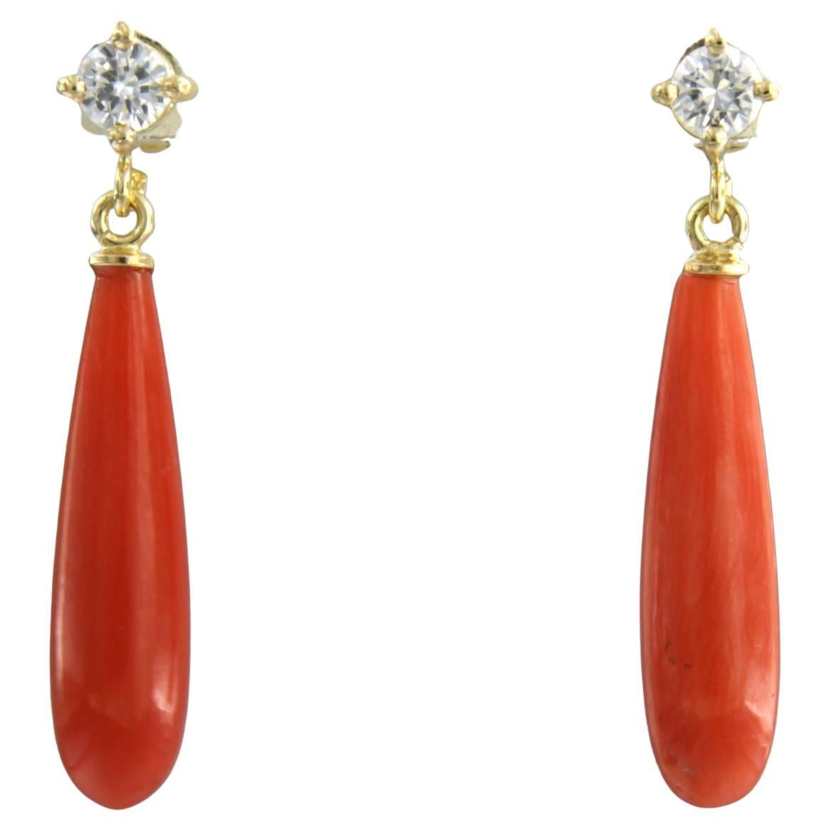 Earrings with Corallium Rubrum and brilliant cut diamonds up to 0.28ct 18k gold