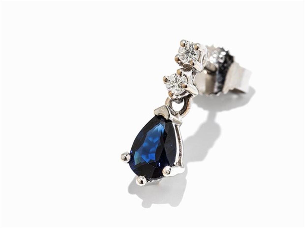 Brilliant Cut Earrings with Diamonds and Sapphires, 14 Karat White Gold For Sale