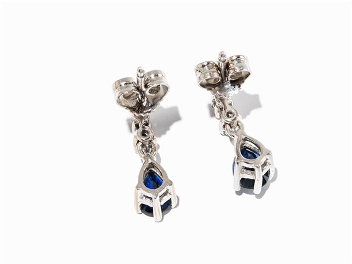 Women's Earrings with Diamonds and Sapphires, 14 Karat White Gold For Sale