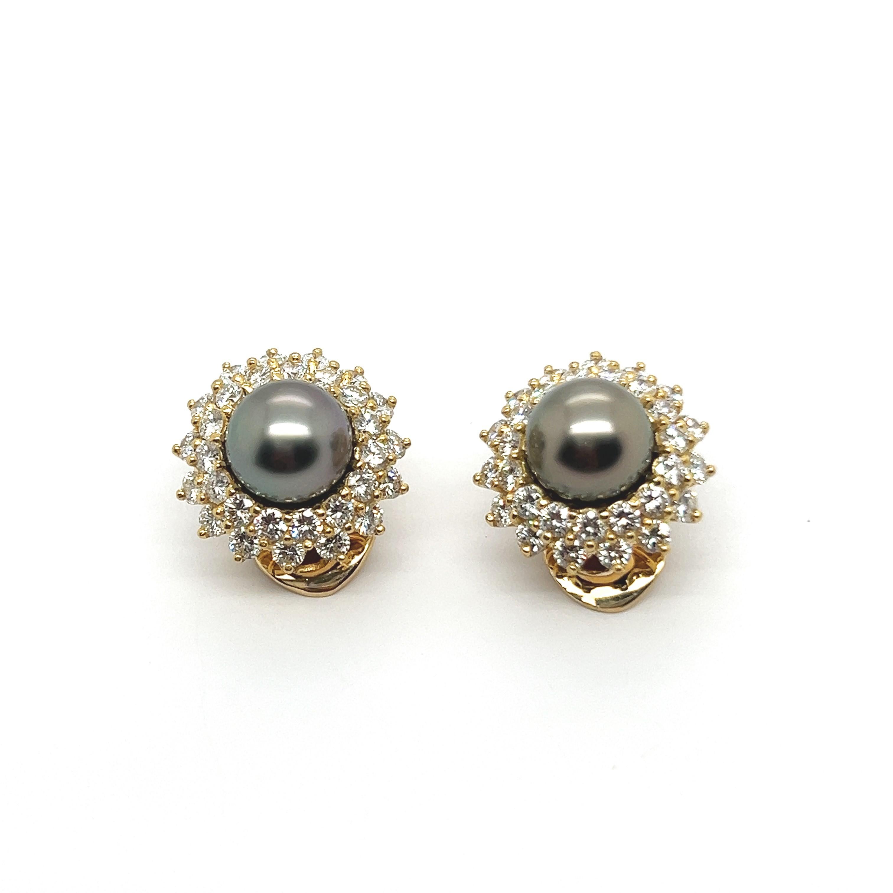 Round Cut Earrings with Diamonds and Tahitian Pearls in Yellow Gold For Sale