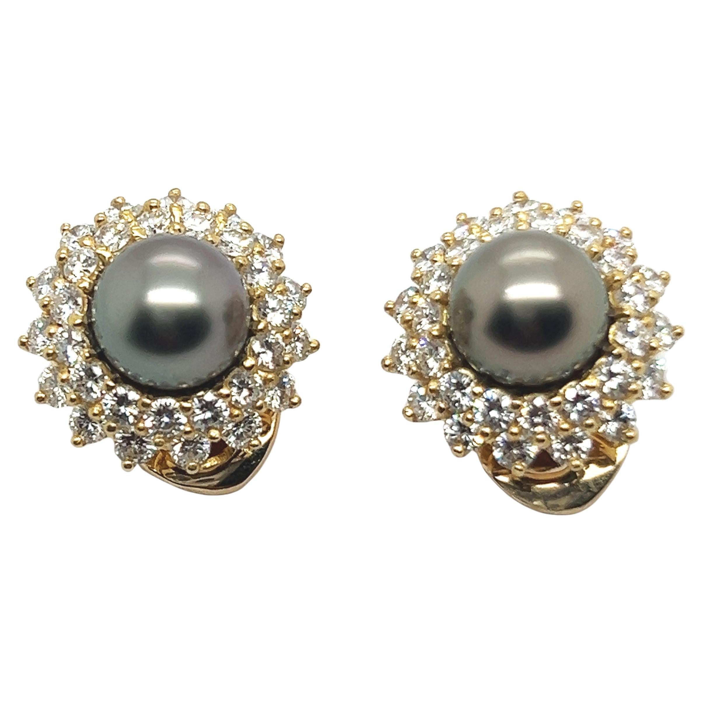 Earrings with Diamonds and Tahitian Pearls in Yellow Gold