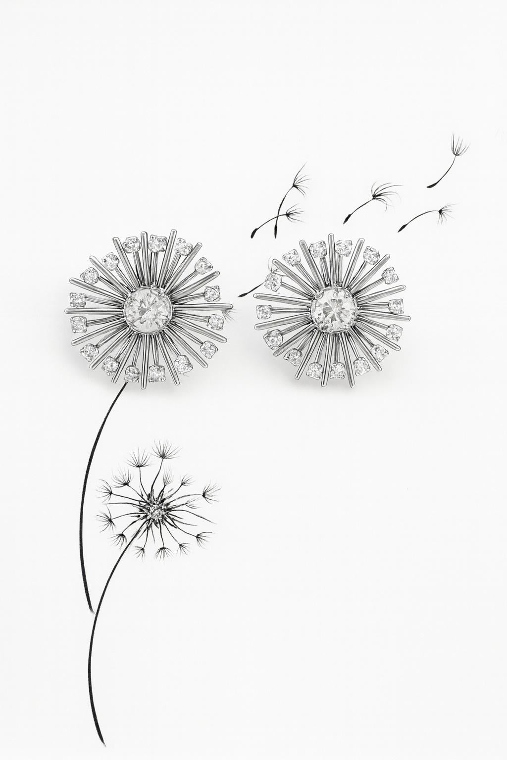 Earrings with Diamonds , Art Deco 1940 French White Gold “Dandelion” in vendita 3