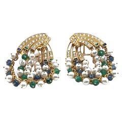 Earrings with Diamonds, Emeralds, Sapphires and Cultured Pearls in 18K Gold