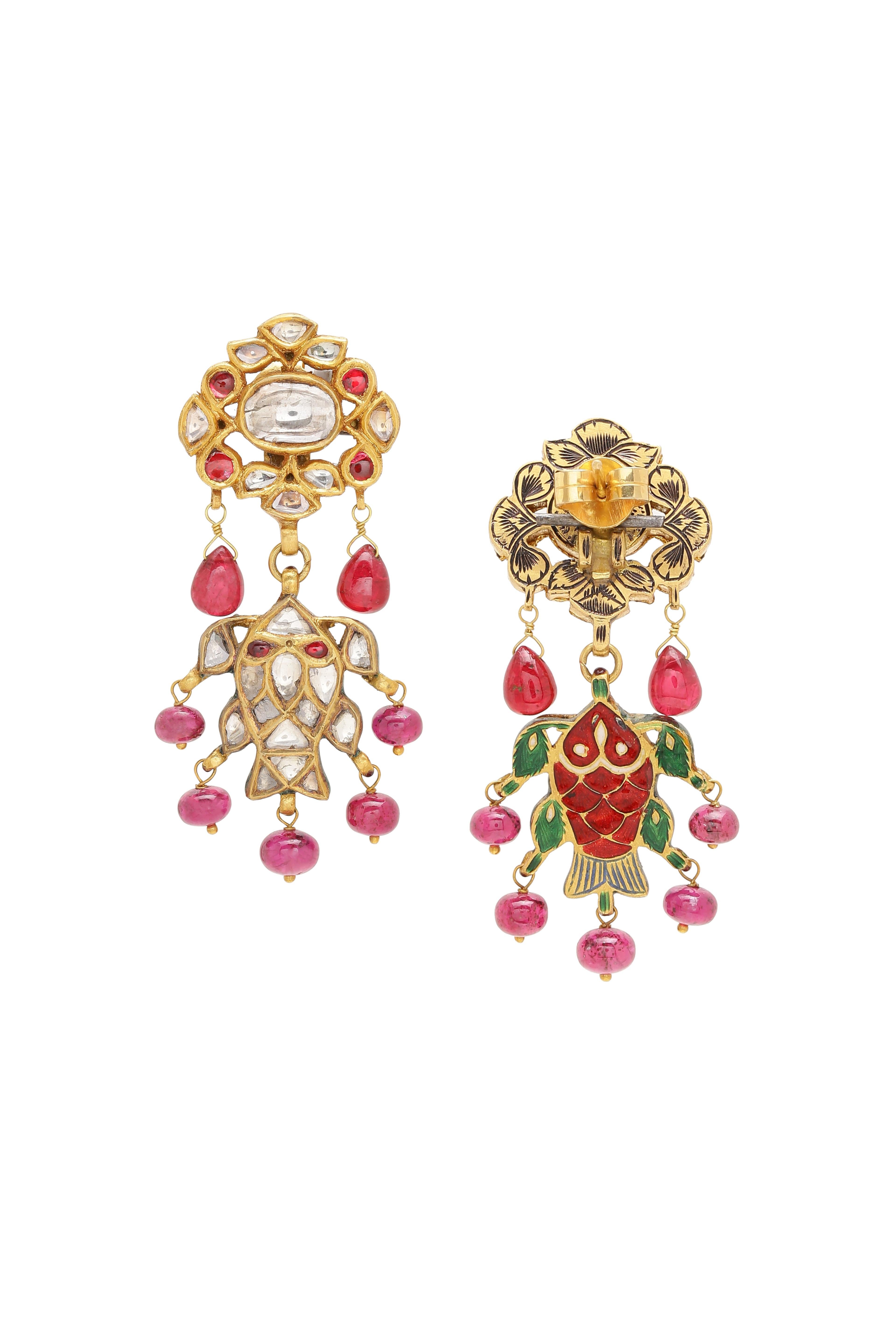 A Pair of beautiful Fish Earrings with good quality flat Rose Cut Diamonds. You will notice some Rubies set on the top part of the earring. The earring has drops and beads of Spinel hanging in 18K Gold Wire. The whole piece is handcrafted in 18K