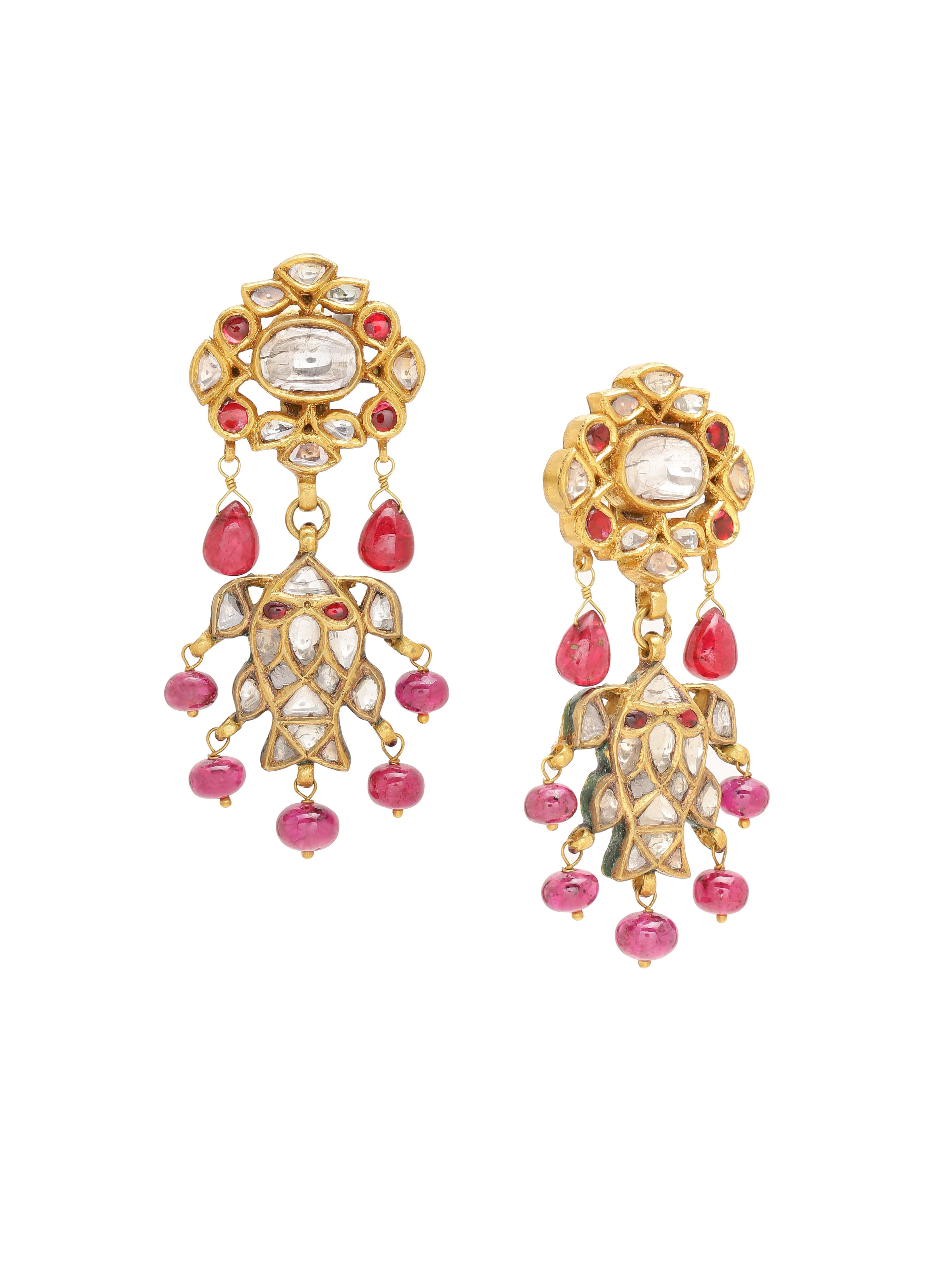 Rose Cut Earrings with Diamonds Rubies and Spinels Handcrafted in 18K Gold with Enamel For Sale