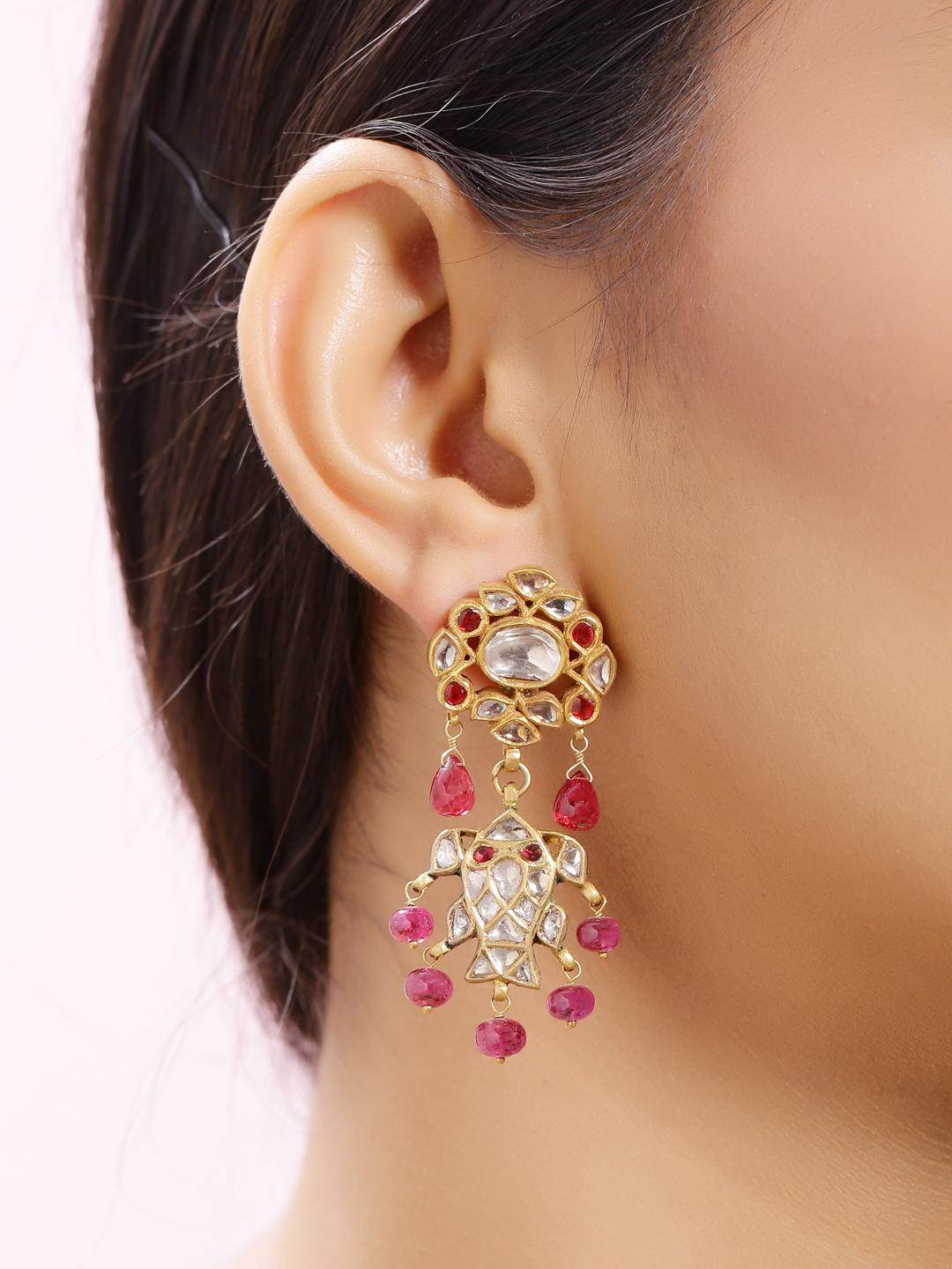 Women's Earrings with Diamonds Rubies and Spinels Handcrafted in 18K Gold with Enamel For Sale