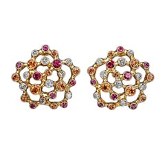 18 Karat Yellow Gold Earrings with Diamonds Rubies Yellow Sapphires