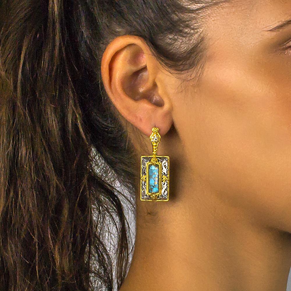 The Nature collection includes these earrings with gold-plated wreath and turquoise semi-precious stones where experienced craftsmen undertake to process them, in specific ways to increase their shine, and to highlight their beauty.

The ancient