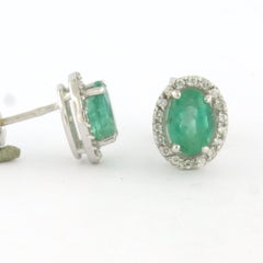 Earrings with emerald and brilliant cut diamonds up to 0.20ct 14k gold 2.5 grams