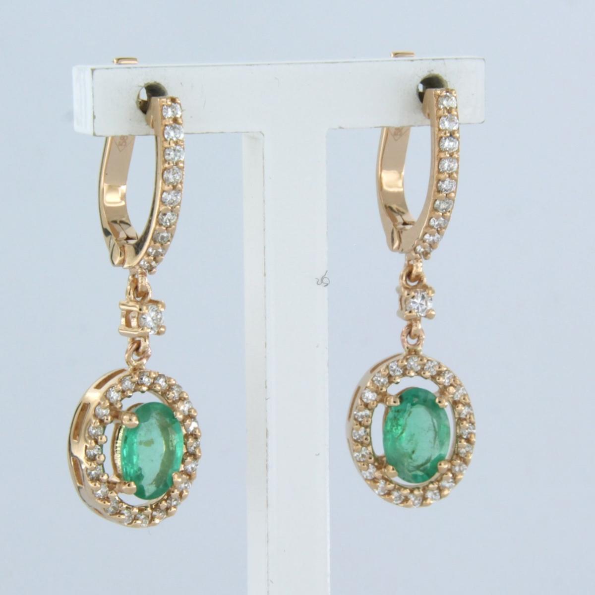 Brilliant Cut Earrings with Emerald and Diamonds 14k pink gold For Sale