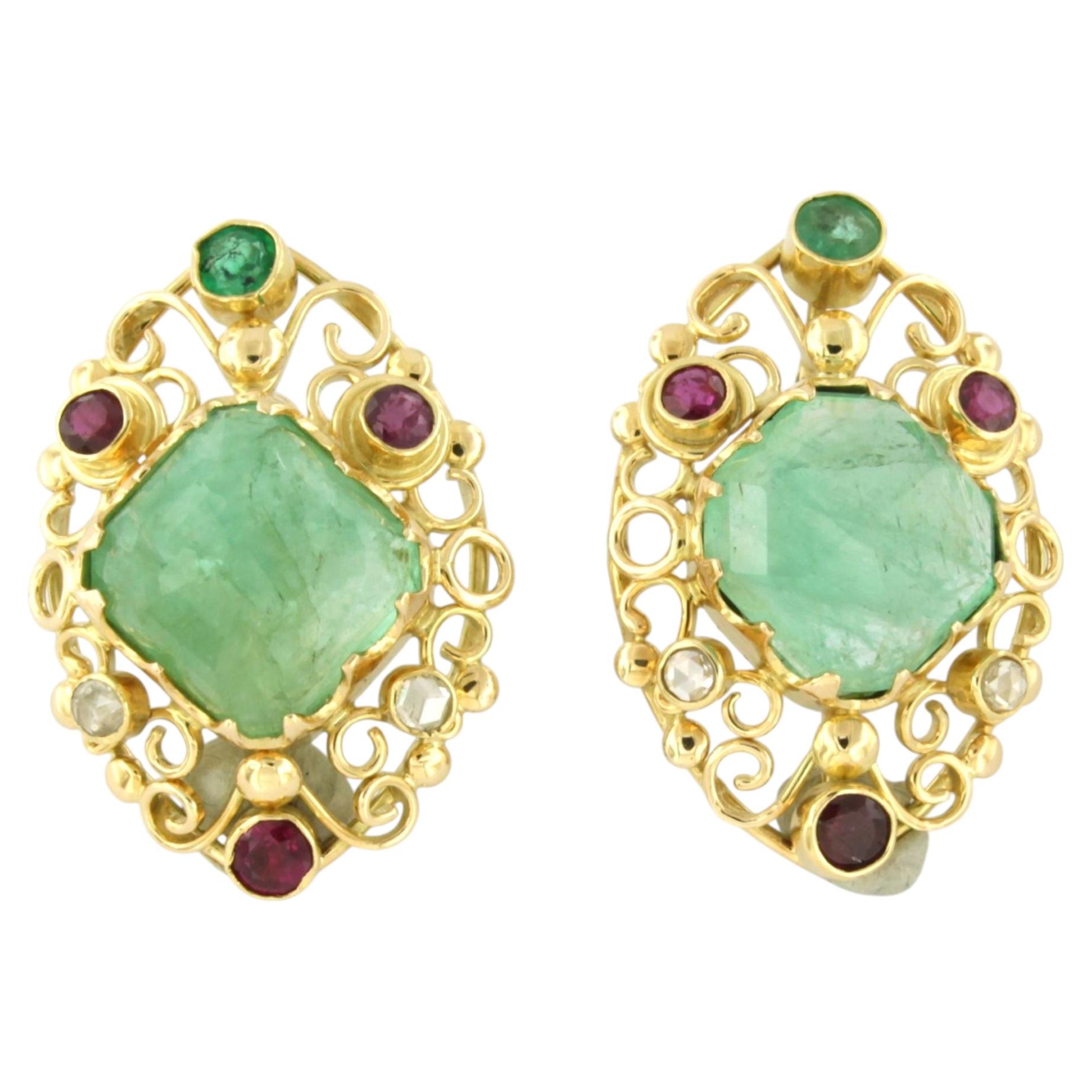 Earrings with emerald, ruby and rose cut diamonds up to 0.10ct 14k gold