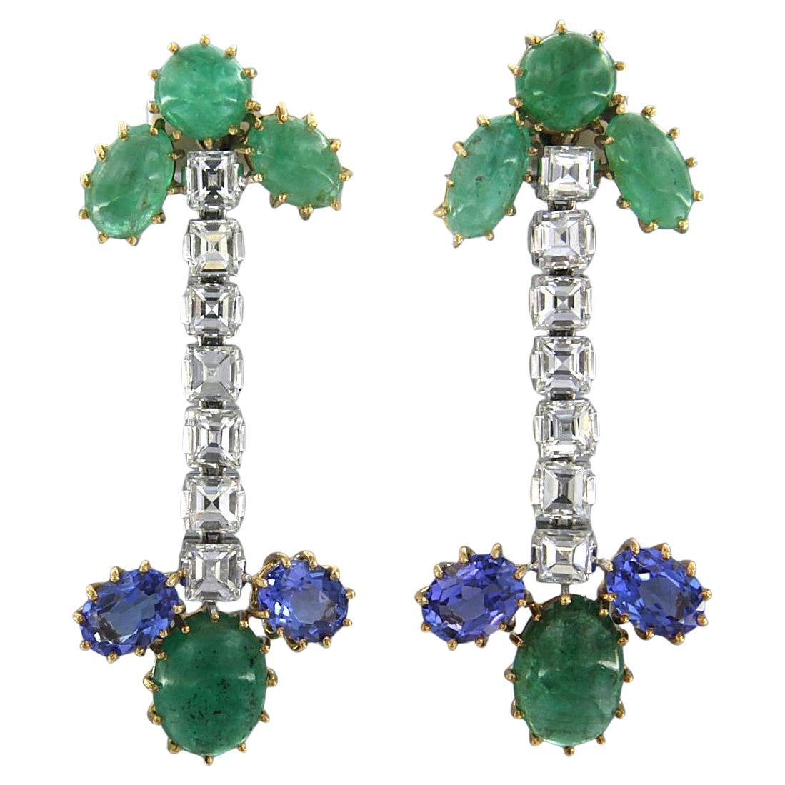Orecchini con smeraldo, tanzanite e diamanti fino a 3,00ct in oro 18k in vendita