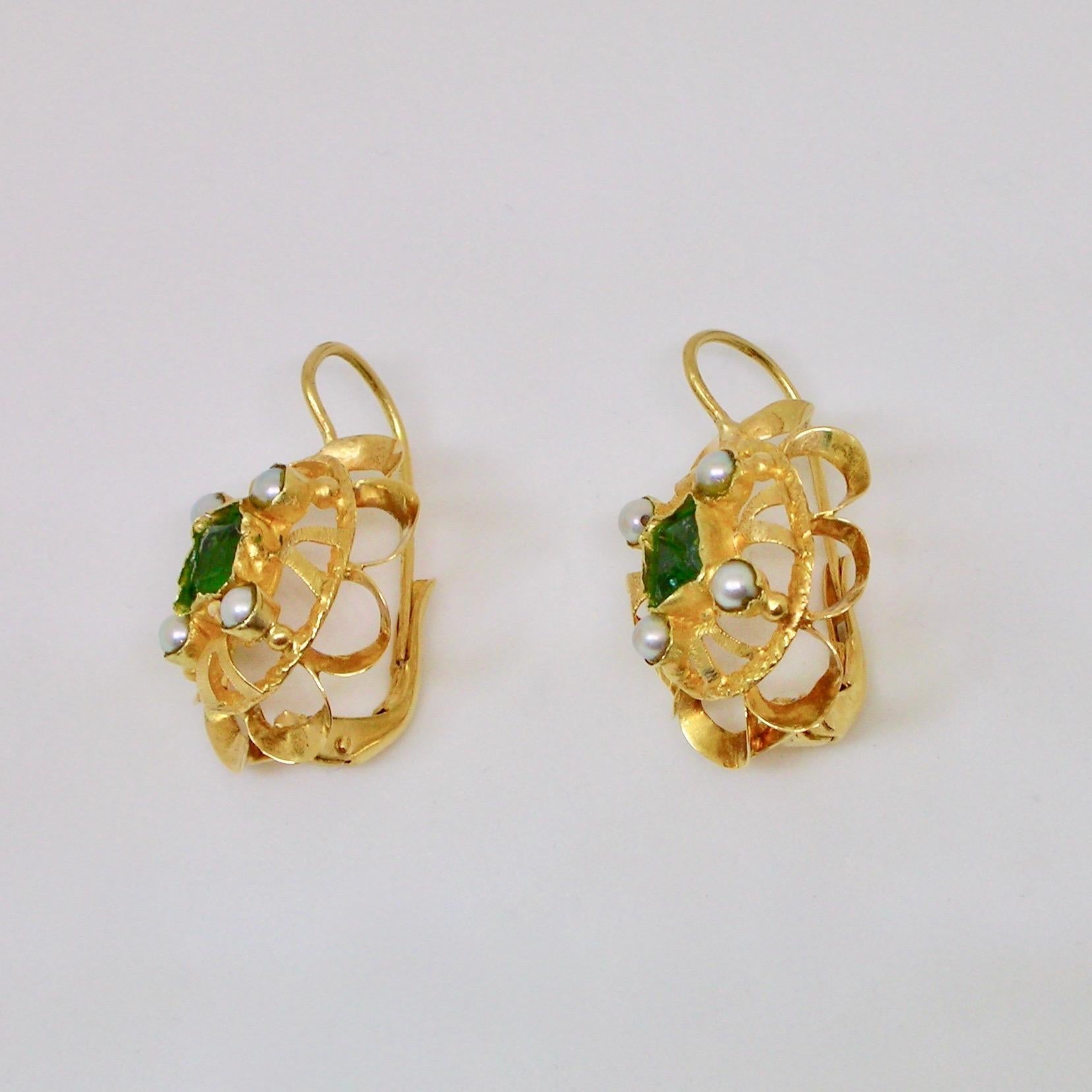 Emerald Cut Earrings with Emeralds and Pearls  For Sale