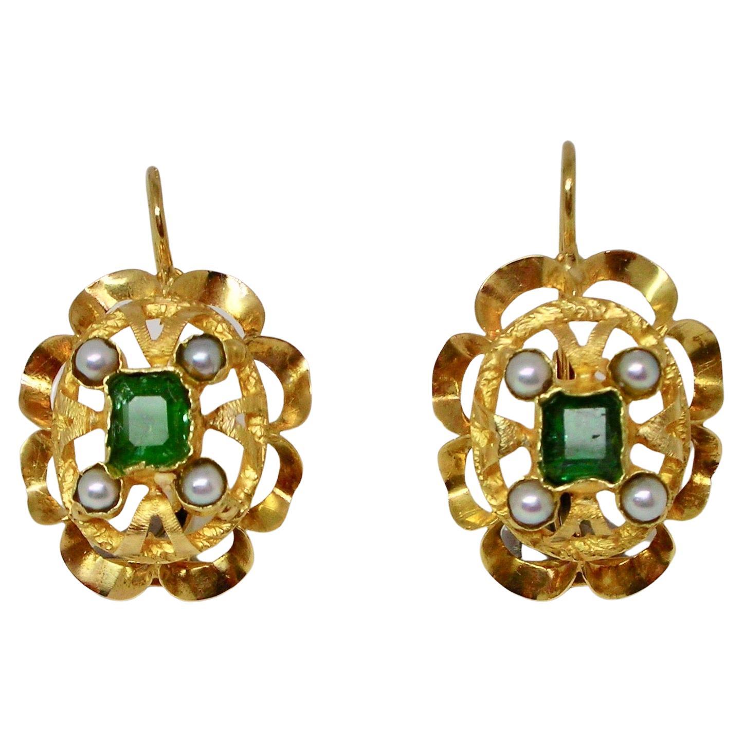 Earrings with Emeralds and Pearls 