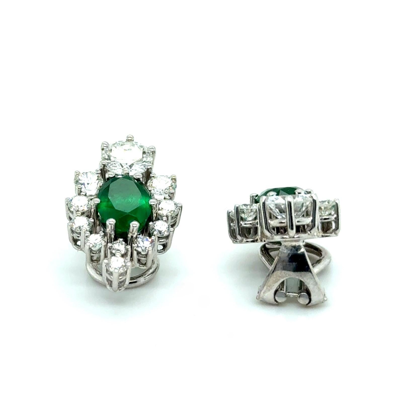 Modern Earrings with Emeralds & Diamonds in 18 Karat White Gold For Sale