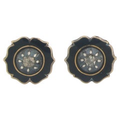 Boucles d'oreilles en or et argent 14 carats avec émail et diamants taille rose jusqu'à 0,10 carat