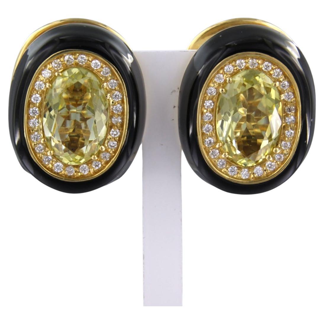 Ohrringe mit Emaille und gefasst mit Citrin und Diamanten aus 18 Karat Gelbgold im Angebot