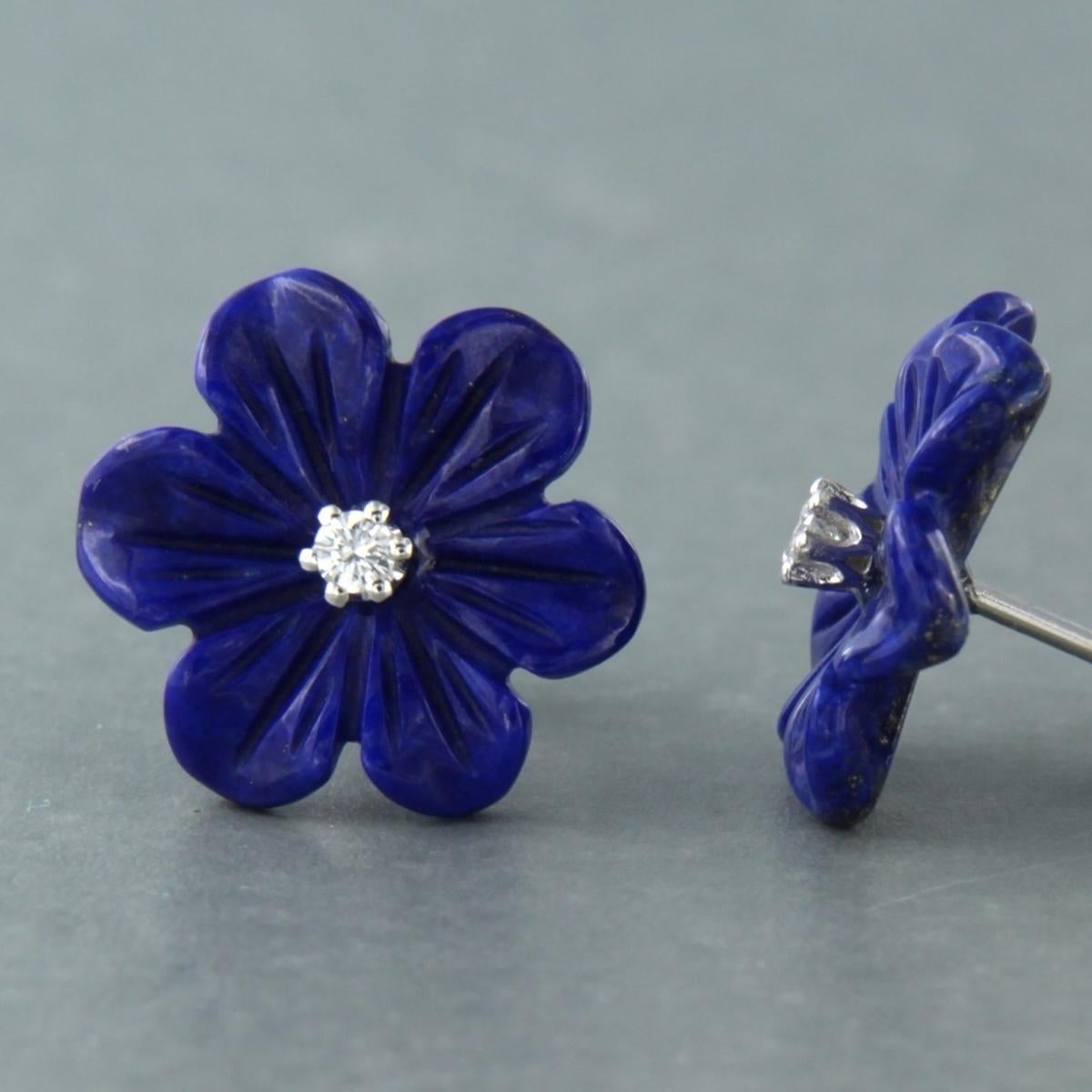 Modern Earrings with flower shaped lapis lazuli and brilliant cut diamonds 18k gold For Sale