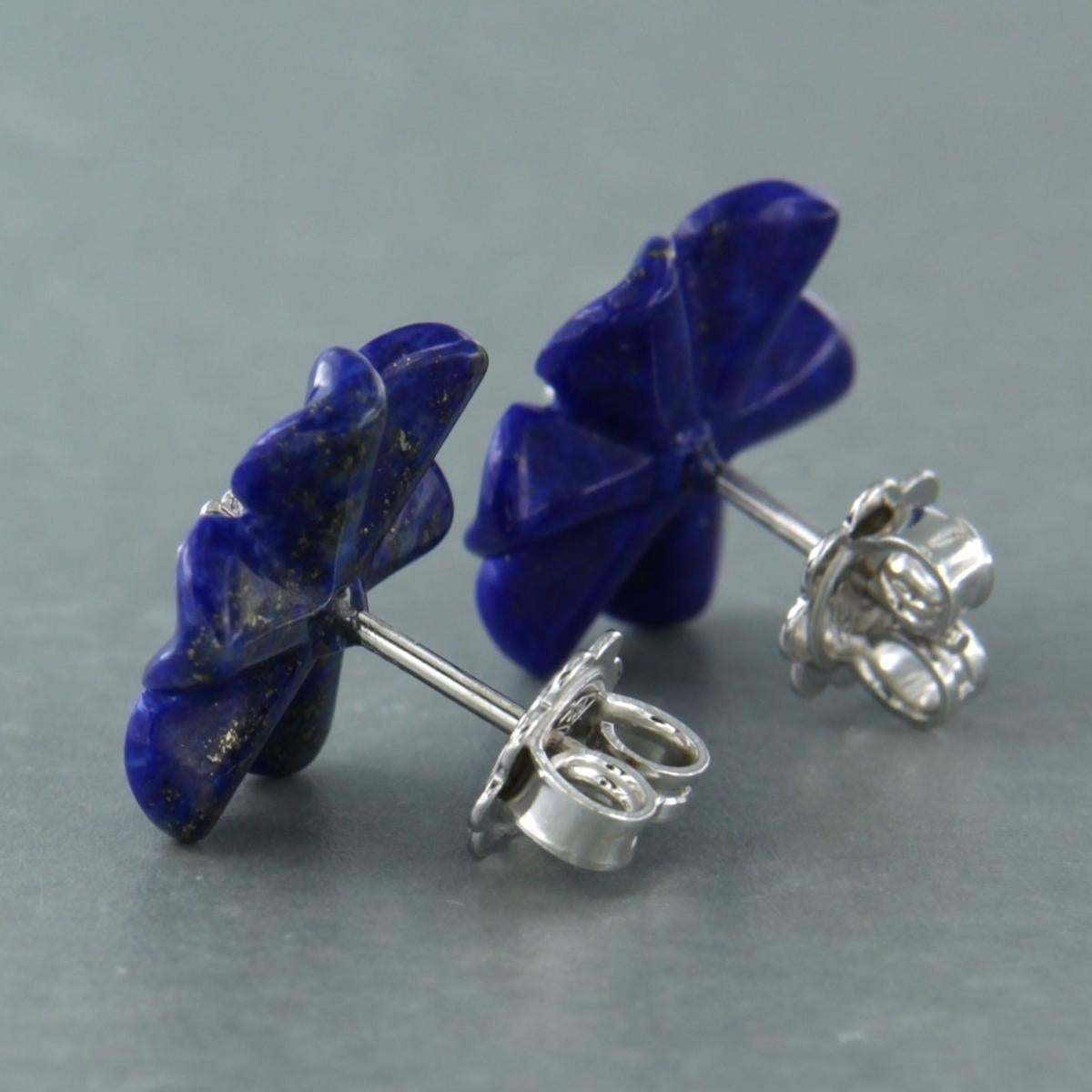 Brilliant Cut Earrings with flower shaped lapis lazuli and brilliant cut diamonds 18k gold For Sale