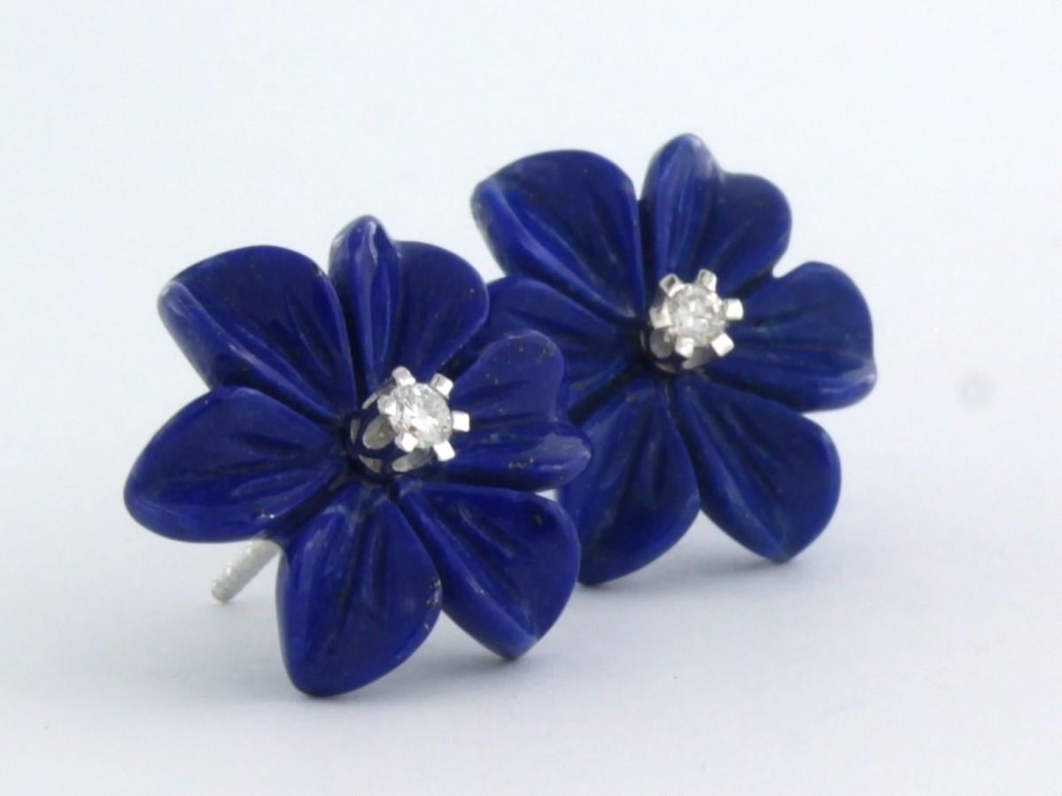 Women's Earrings with flower shaped lapis lazuli and brilliant cut diamonds 18k gold For Sale