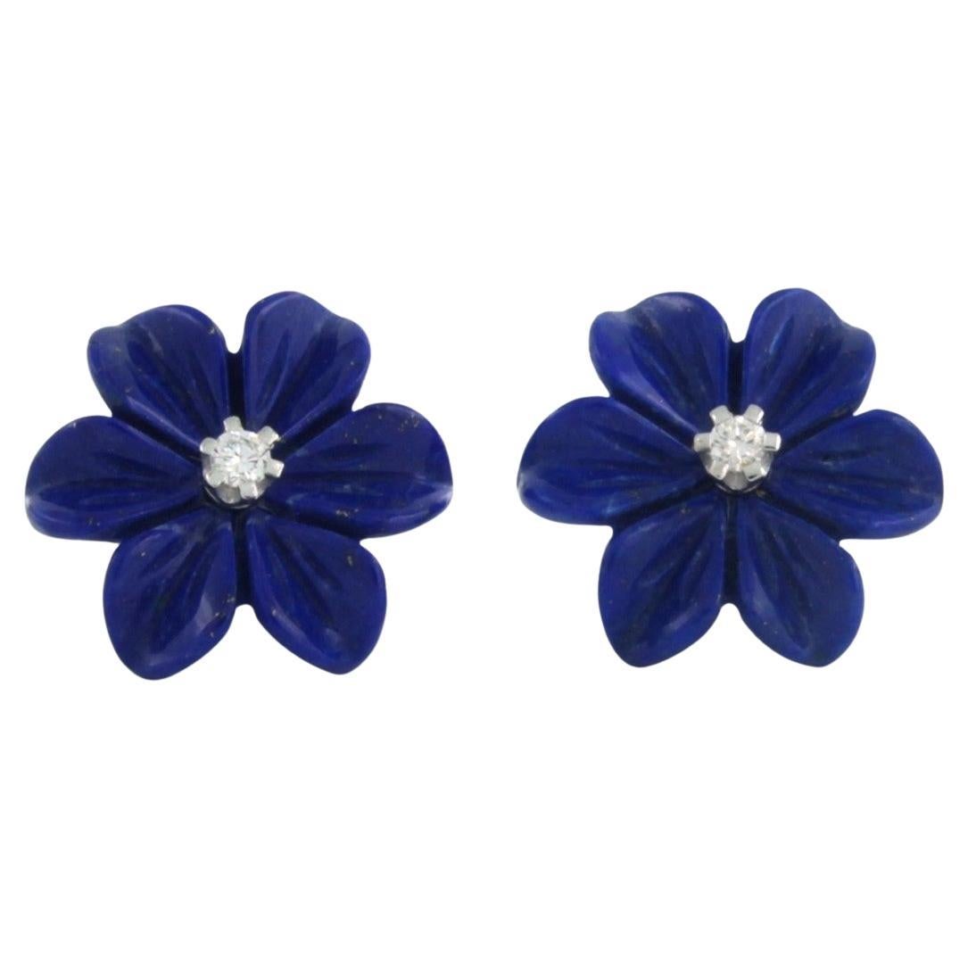 Earrings with flower shaped lapis lazuli and brilliant cut diamonds 18k gold For Sale