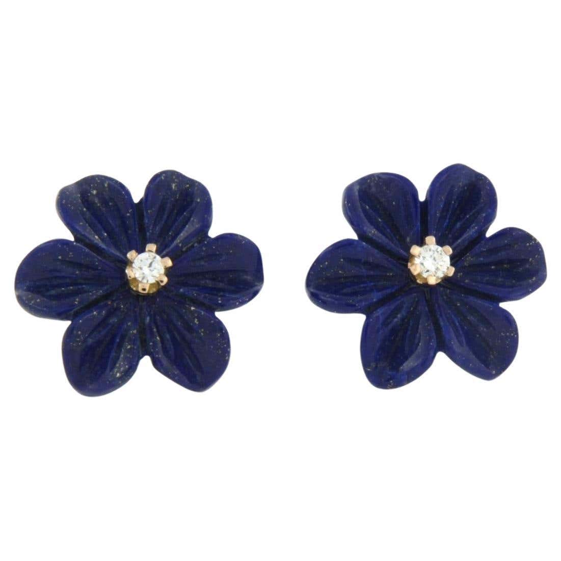 Earrings with flower shaped lapis lazuli and diamonds 18k pink gold