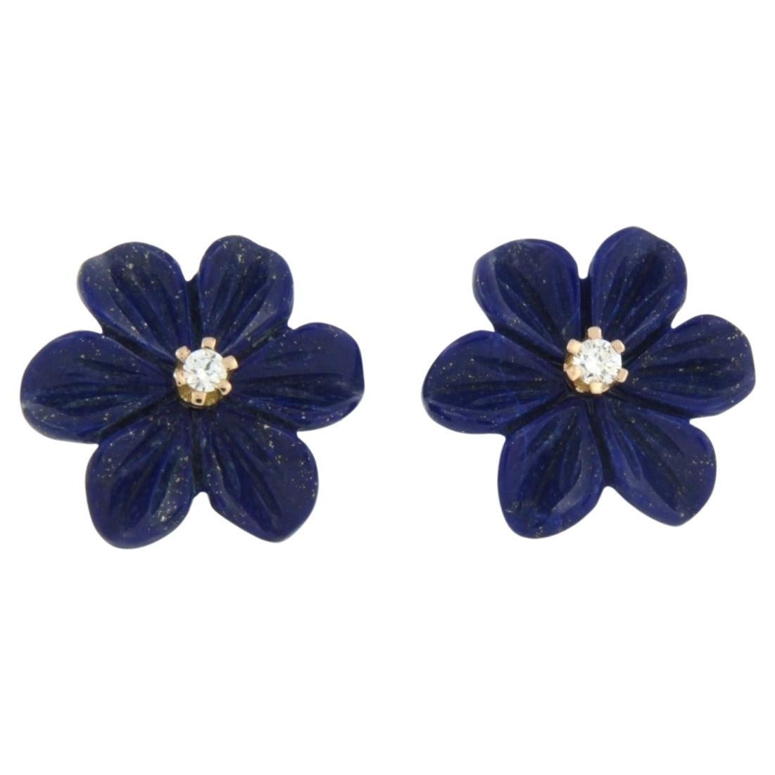 Earrings with flower shaped lapis lazuli and diamonds 18k pink gold