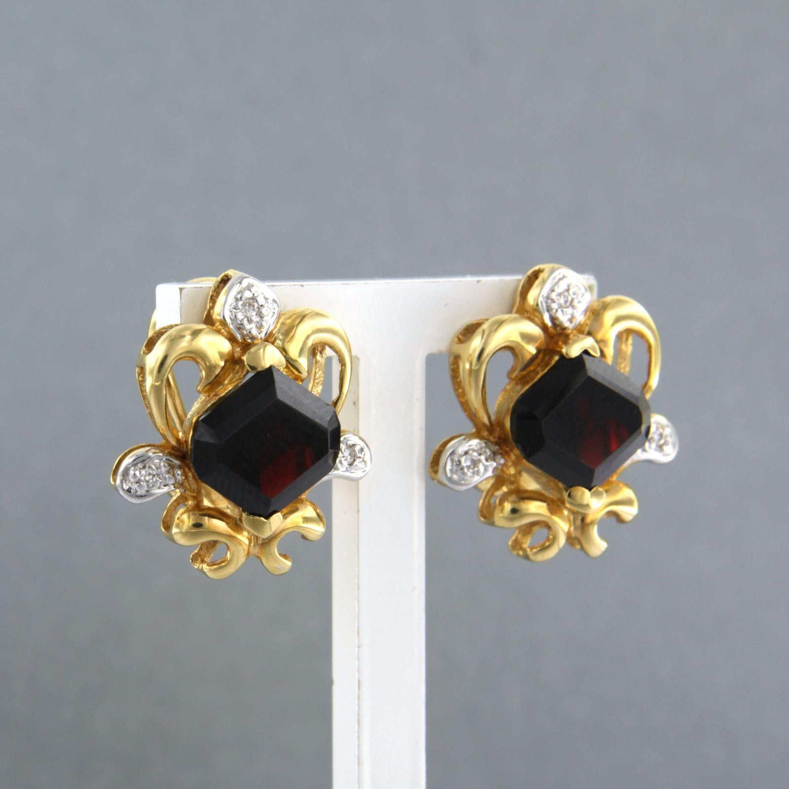 Brilliant Cut Earrings with garnet and brilliant cut diamonds up to 0.06ct 8.9 grams 18k gold For Sale