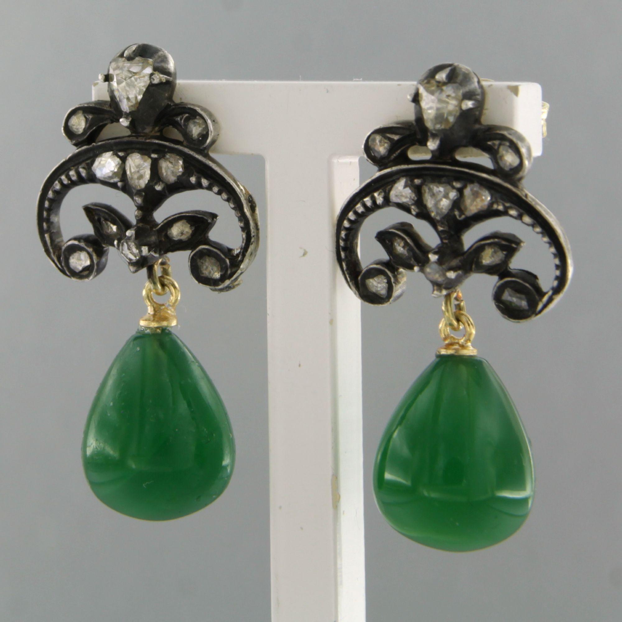 Boucles d'oreilles avec agate verte et diamants taille rose jusqu'à 0,30ct or 14k et argent Excellent état - En vente à The Hague, ZH