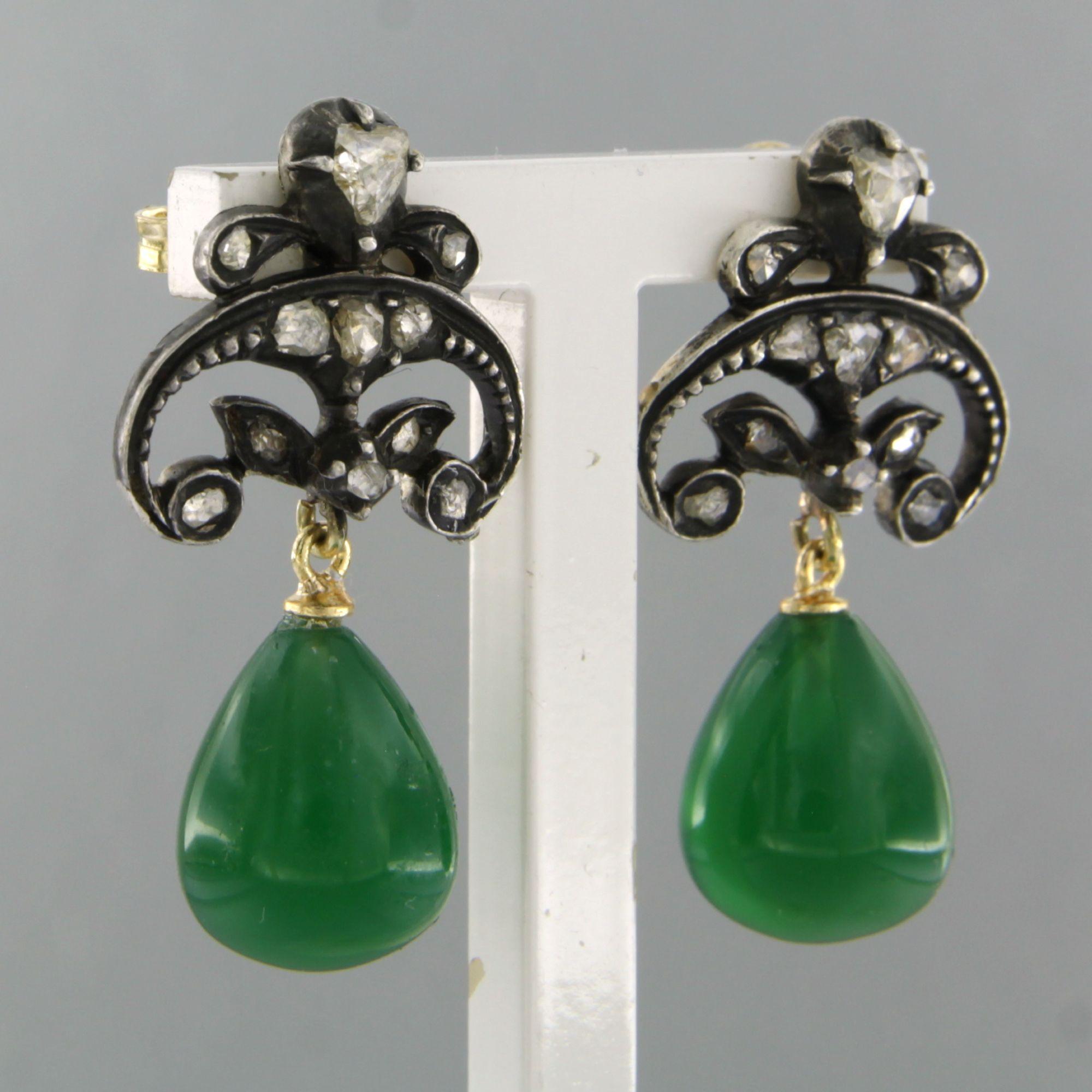 Boucles d'oreilles avec agate verte et diamants taille rose jusqu'à 0,30ct or 14k et argent Pour femmes en vente