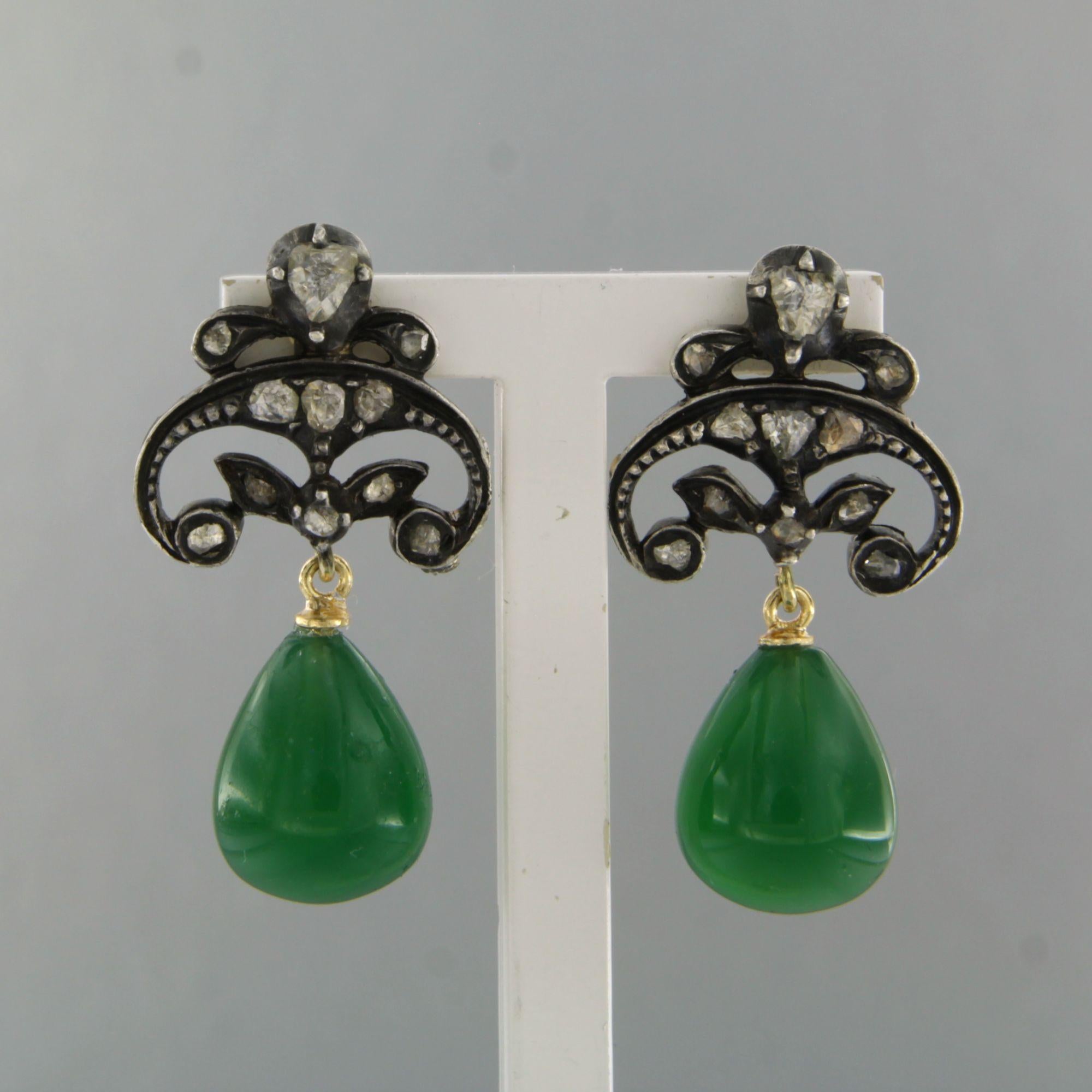 Boucles d'oreilles avec agate verte et diamants taille rose jusqu'à 0,30ct or 14k et argent en vente 1