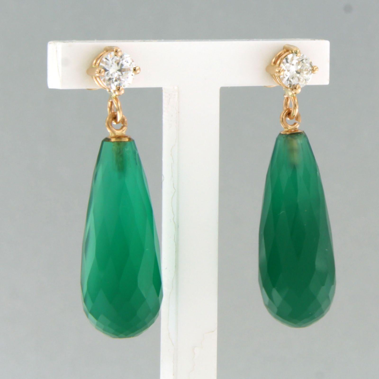 Modern Earrings with green chalcedony and brilliant cut diamonds up to 0.42ct 18k gold For Sale