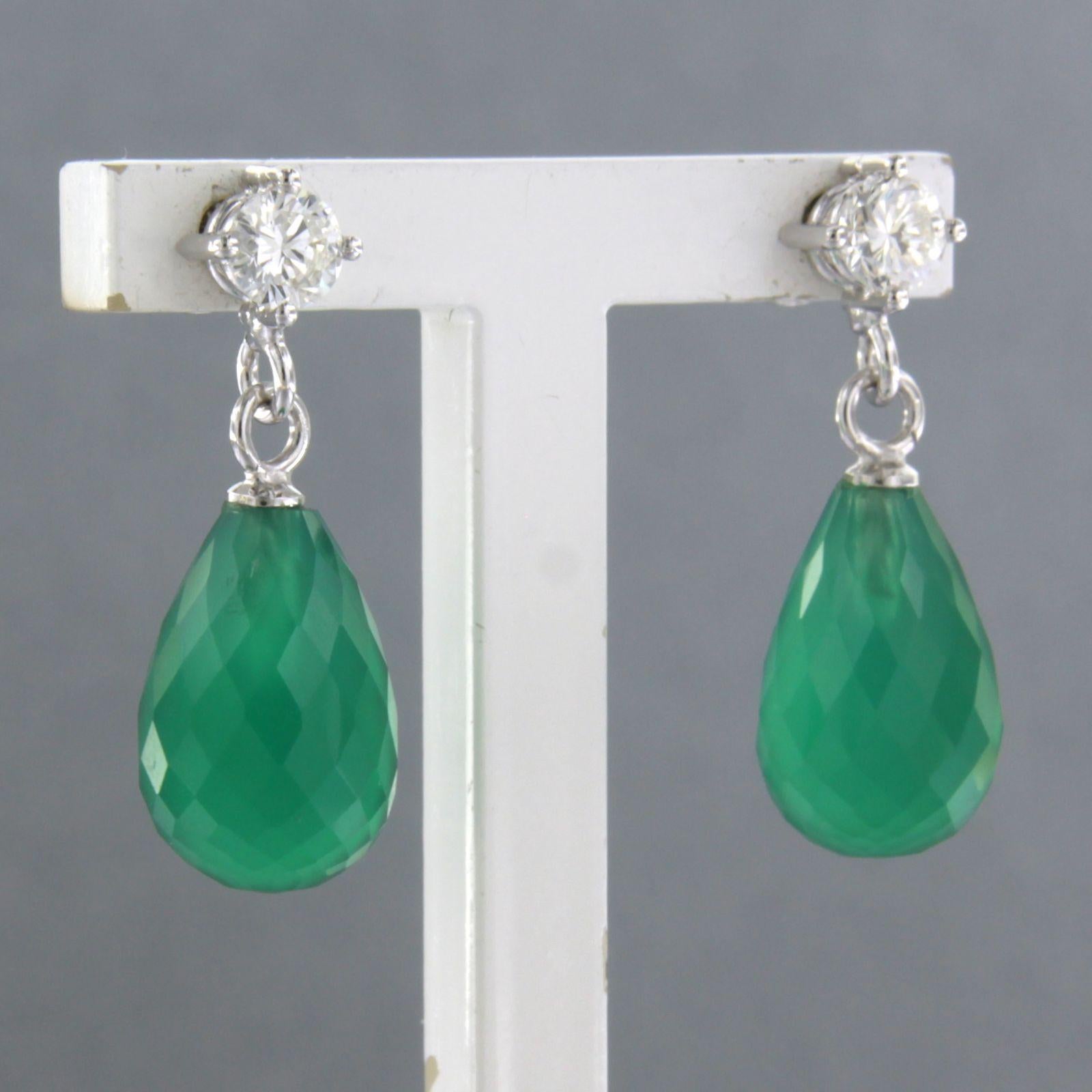 Modern Earrings with green chalcedony and brilliant cut diamonds up to 0.42ct 18k gold For Sale