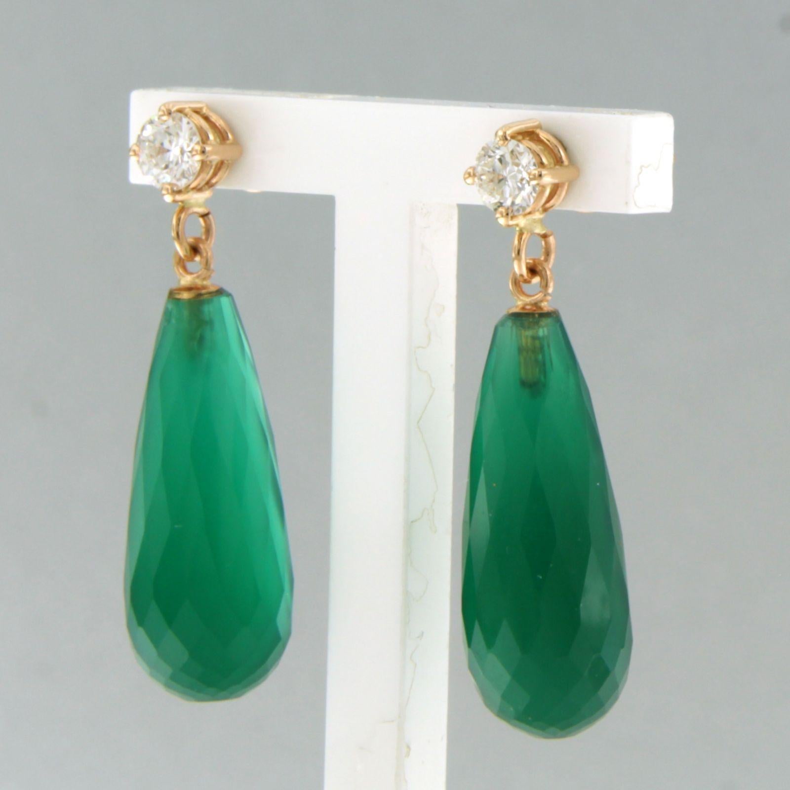 Brilliant Cut Earrings with green chalcedony and brilliant cut diamonds up to 0.42ct 18k gold For Sale