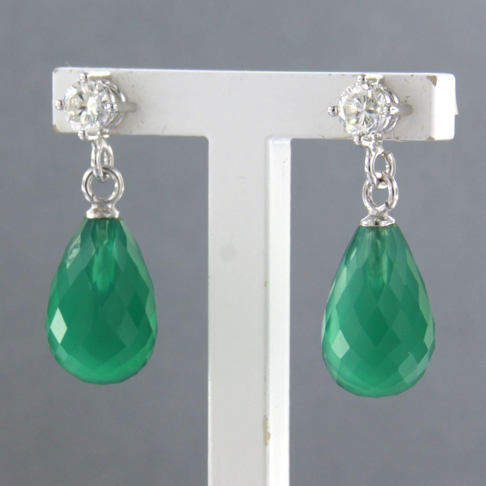 Brilliant Cut Earrings with green chalcedony and brilliant cut diamonds up to 0.42ct 18k gold For Sale